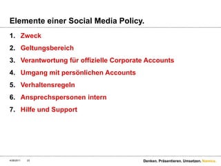 Elemente einer SocialMedia Policy.ZweckGeltungsbereichVerantwortung für offizielle Corporate AccountsUmgang mit persönlichen AccountsVerhaltensregelnAnsprechspersonen internHilfe und Support4/28/11Denken. Präsentieren. Umsetzen.23