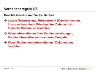 Verhaltensregeln 6/6.Beachte Gesetze und VertraulichkeitLokale Gesetzeslage, Urheberrecht (Quellen nennen, Lizenzen beachten), Privatsphäre, Datenschutz, Financial Disclosure beachten, Keine Informationen über Kundenbeziehungen, Kundeninformationen ohne deren FreigabeKlassifikation von Informationen / Dokumenten beachten4/28/11Denken. Präsentieren. Umsetzen.33