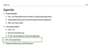 18Digicomp
Agenda
 Ausgangslage
 Vor- und Nachteile eines strikten Change Managements
 Zielkonflikte Business-Anwendungsentwicklung-Betrieb
 Alte und neue Silos
 Lösungsansätze?
 ITIL® V3
 Service-Orientierung
 IT der verschiedenen Geschwindigkeiten
 Ein Lösungsansatz
 Zusammenfassung und Diskussion
 