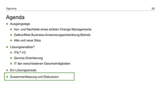24Digicomp
Agenda
 Ausgangslage
 Vor- und Nachteile eines strikten Change Managements
 Zielkonflikte Business-Anwendungsentwicklung-Betrieb
 Alte und neue Silos
 Lösungsansätze?
 ITIL® V3
 Service-Orientierung
 IT der verschiedenen Geschwindigkeiten
 Ein Lösungsansatz
 Zusammenfassung und Diskussion
 