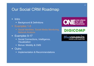 17


Our Social CRM Roadmap

 Intro
    Background & Definitions
 Examples 1-8
    Social Identities, Social Media Monitoring,
     Network Analysis
 Examples 9-17
    Social Connections, Intelligence,
     Visualization
    Bonus: Mobility & CMS
 Outro
    Implementation & Recommendations
 