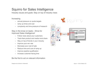 Squirro for Sales Intelligence
Industry issues and goals: Stay on top of industry news


Increasing
       – annual pressure on quota targets
       – ramp up times and cost
       – complexity and time pressure of research

Stay in the know on leads – Drive for
improved Sales Intelligence!
       – Follow news about your customers
       – Track their product and media mind share
       – Stay on top of trends in your industry
       – Improve your win rate
       – Decrease your cost of sale
       – Reduce time and cost of ramp up
       – Improve pipeline qualification
       – Increase customer facing time

Be the first to act on relevant information

Designed and produced in Switzerland                      Squirro – © 2012 Nektoon AG
 