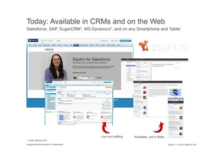 Today: Available in CRMs and on the Web
Salesforce, SAP, SugarCRM*, MS Dynamics*, and on any Smartphone and Tablet




                                       Live and selling   Available, yet in Beta
* Under development
Designed and produced in Switzerland                                               Squirro – © 2012 Nektoon AG
 