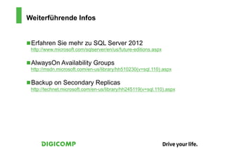 Weiterführende Infos


n Erfahren Sie mehr zu SQL Server 2012
 http://www.microsoft.com/sqlserver/en/us/future-editions.aspx

n AlwaysOn Availability Groups
 http://msdn.microsoft.com/en-us/library/hh510230(v=sql.110).aspx

n Backup on Secondary Replicas
 http://technet.microsoft.com/en-us/library/hh245119(v=sql.110).aspx
 