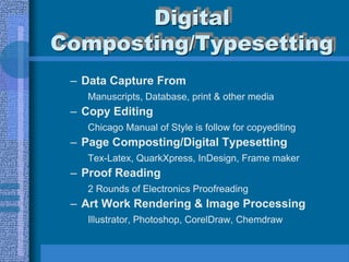 Digital
Composting/Typesetting
 – Data Capture From
   Manuscripts, Database, print & other media
 – Copy Editing
   Chicago Manual of Style is follow for copyediting
 – Page Composting/Digital Typesetting
   Tex-Latex, QuarkXpress, InDesign, Frame maker
 – Proof Reading
   2 Rounds of Electronics Proofreading
 – Art Work Rendering & Image Processing
   Illustrator, Photoshop, CorelDraw, Chemdraw
 