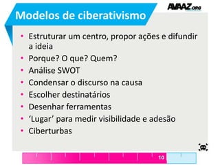 Modelos de ciberativismoEstruturar um centro, propor ações e difundir a ideiaPorque? O que? Quem?Análise SWOTCondensar o discurso na causaEscolher destinatáriosDesenhar ferramentas‘Lugar’ para medir visibilidade e adesãoCiberturbas