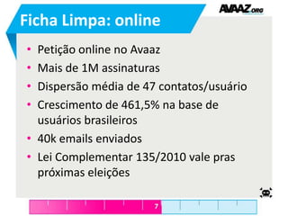 Ficha Limpa: onlinePetição online no AvaazMais de 1M assinaturasDispersão média de 47 contatos/usuárioCrescimento de 461,5% na base de usuários brasileiros40k emails enviadosLei Complementar 135/2010 vale pras próximas eleições
