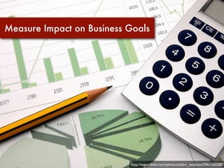 Measure Impact on Business Goals




                           http://www.ﬂickr.com/photos/safari_vacation/5961260280
 