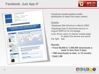 Facebook: Just  App it! Facebook needed global mobile distribution to reach the mass market. Actions:   Deployed Site Shortcut in March 2009  Deployed  App it!  download service in  August 2009 on its homepage Link drives users to GetJar hosted page  to detect the device and serve the right  app Results:  From 80,000 to 1,500,000 downloads a  week in less then 2 days 75M downloads to date  in 12 months Cost = $0 