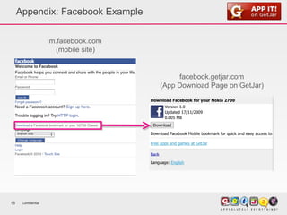 Appendix: Facebook Example Confidential m.facebook.com (mobile site) facebook.getjar.com (App Download Page on GetJar) 