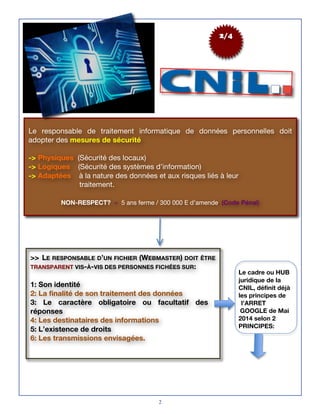 2
Le responsable de traitement informatique de données personnelles doit
adopter des mesures de sécurité
-> Physiques (Sécurité des locaux)
-> Logiques (Sécurité des systèmes d’information)
-> Adaptées à la nature des données et aux risques liés à leur
traitement.
NON-RESPECT? = 5 ans ferme / 300 000 E d’amende. (Code Pénal)
2/4
>> LE RESPONSABLE D’UN FICHIER (WEBMASTER) DOIT ÊTRE
TRANSPARENT VIS-À-VIS DES PERSONNES FICHÉES SUR:
1: Son identité
2: La finalité de son traitement des données
3: Le caractère obligatoire ou facultatif des
réponses
4: Les destinataires des informations
5: L’existence de droits
6: Les transmissions envisagées.
Le cadre ou HUB
juridique de la
CNIL, définit déjà
les principes de
l’ARRET
GOOGLE de Mai
2014 selon 2
PRINCIPES:
 