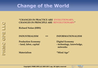 Change of the World

               “CHANGES IN PRACTICE ARE EVOLUTIONARY.
               CHANGES IN PRINCIPLE ARE REVOLUTIONARY”
PHMC GPE LLC




               Richard Nolan (HBS)


               INDUSTRIALISM                    =>             INFORMATIONALISM

               Production Economy                              Digital Economy
               - land, labor, capital                          - technology, knowledge,
                                                                 networks

               Materialism                                     “Mind Age”




                   Copyright© PHMC GPE LLC 2001-2011 sqq All rights reserved
 