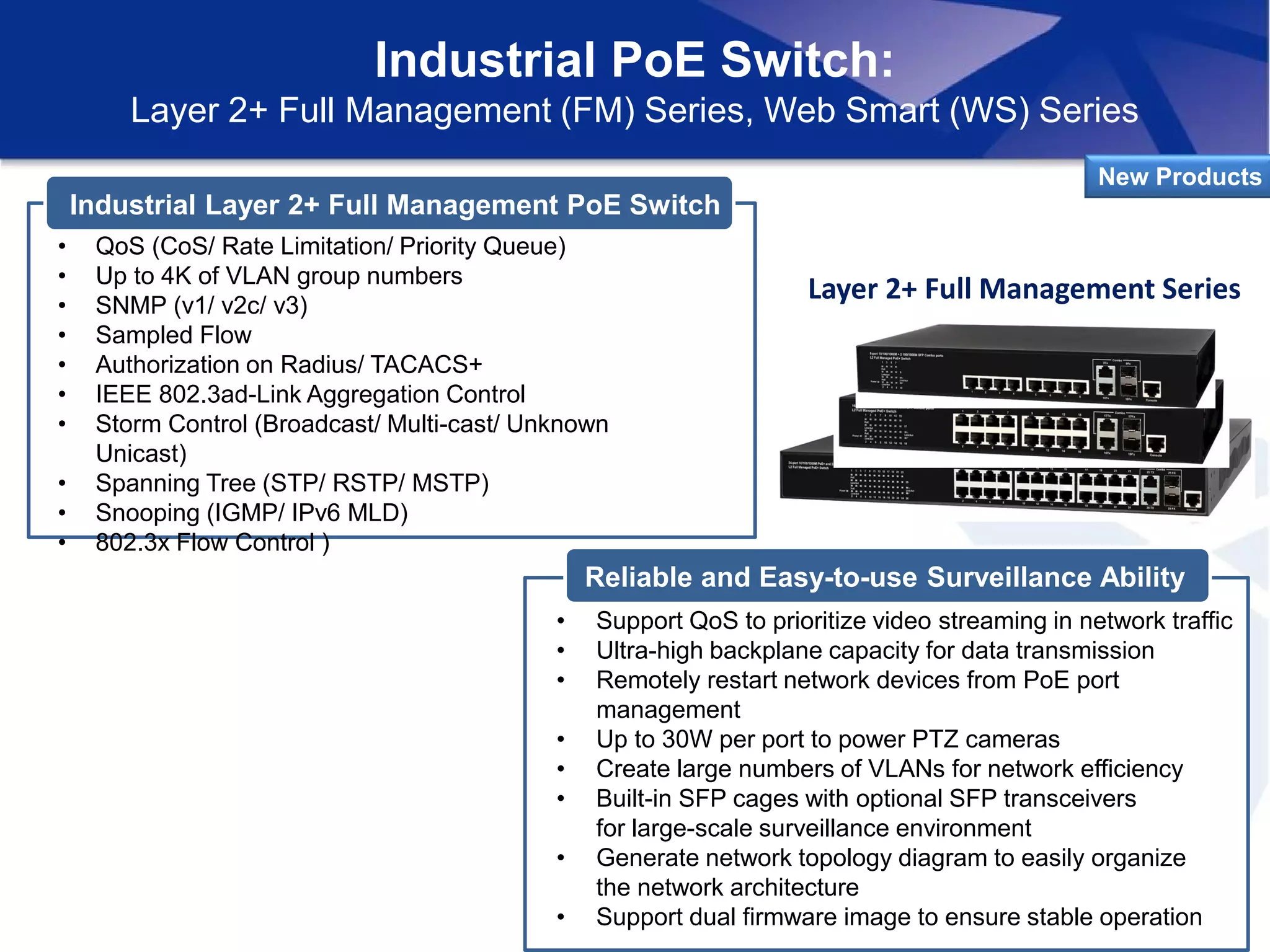 Industrial PoE Switch:
Layer 2+ Full Management (FM) Series, Web Smart (WS) Series
New Products
Industrial Layer 2+ Full Management PoE Switch
• QoS (CoS/ Rate Limitation/ Priority Queue)
• Up to 4K of VLAN group numbers
• SNMP (v1/ v2c/ v3)
• Sampled Flow
• Authorization on Radius/ TACACS+
• IEEE 802.3ad-Link Aggregation Control
• Storm Control (Broadcast/ Multi-cast/ Unknown
Unicast)
• Spanning Tree (STP/ RSTP/ MSTP)
• Snooping (IGMP/ IPv6 MLD)
• 802.3x Flow Control )
Reliable and Easy-to-use Surveillance Ability
• Support QoS to prioritize video streaming in network traffic
• Ultra-high backplane capacity for data transmission
• Remotely restart network devices from PoE port
management
• Up to 30W per port to power PTZ cameras
• Create large numbers of VLANs for network efficiency
• Built-in SFP cages with optional SFP transceivers
for large-scale surveillance environment
• Generate network topology diagram to easily organize
the network architecture
• Support dual firmware image to ensure stable operation
Layer 2+ Full Management Series
 