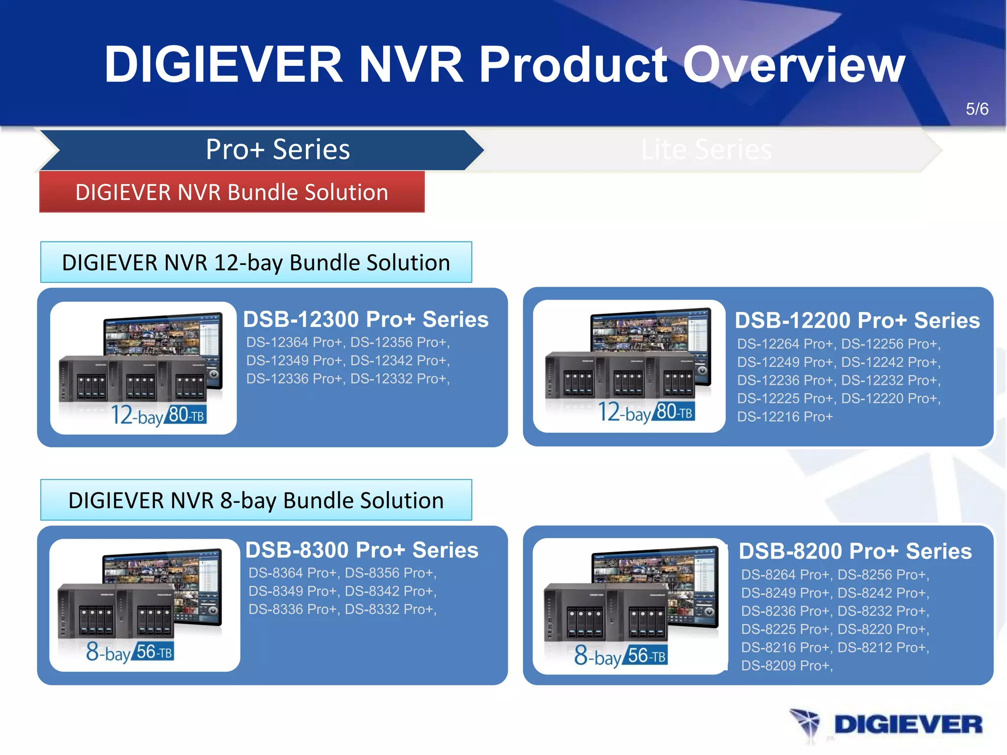 DIGIEVER NVR Product Overview
Pro+ Series Lite Series
DIGIEVER NVR Bundle SolutionDIGIEVER NVR Bundle Solution
5/6
DSB-12200 Pro+ Series
DS-12264 Pro+, DS-12256 Pro+,
DS-12249 Pro+, DS-12242 Pro+,
DS-12236 Pro+, DS-12232 Pro+,
DS-12225 Pro+, DS-12220 Pro+,
DS-12216 Pro+
DSB-8300 Pro+ Series
DS-8364 Pro+, DS-8356 Pro+,
DS-8349 Pro+, DS-8342 Pro+,
DS-8336 Pro+, DS-8332 Pro+,
DSB-8200 Pro+ Series
DS-8264 Pro+, DS-8256 Pro+,
DS-8249 Pro+, DS-8242 Pro+,
DS-8236 Pro+, DS-8232 Pro+,
DS-8225 Pro+, DS-8220 Pro+,
DS-8216 Pro+, DS-8212 Pro+,
DS-8209 Pro+,
DSB-12300 Pro+ Series
DS-12364 Pro+, DS-12356 Pro+,
DS-12349 Pro+, DS-12342 Pro+,
DS-12336 Pro+, DS-12332 Pro+,
DIGIEVER NVR 12-bay Bundle SolutionDIGIEVER NVR 12-bay Bundle Solution
DIGIEVER NVR 8-bay Bundle SolutionDIGIEVER NVR 8-bay Bundle Solution
 
