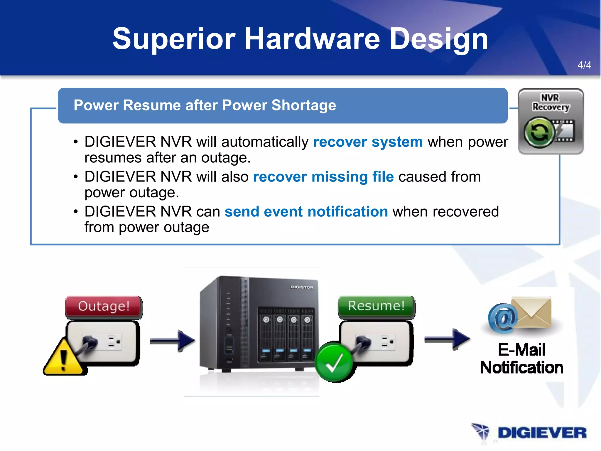 Superior Hardware Design
• DIGIEVER NVR will automatically recover system when power
resumes after an outage.
• DIGIEVER NVR will also recover missing file caused from
power outage.
• DIGIEVER NVR can send event notification when recovered
from power outage
Power Resume after Power Shortage
4/4
 