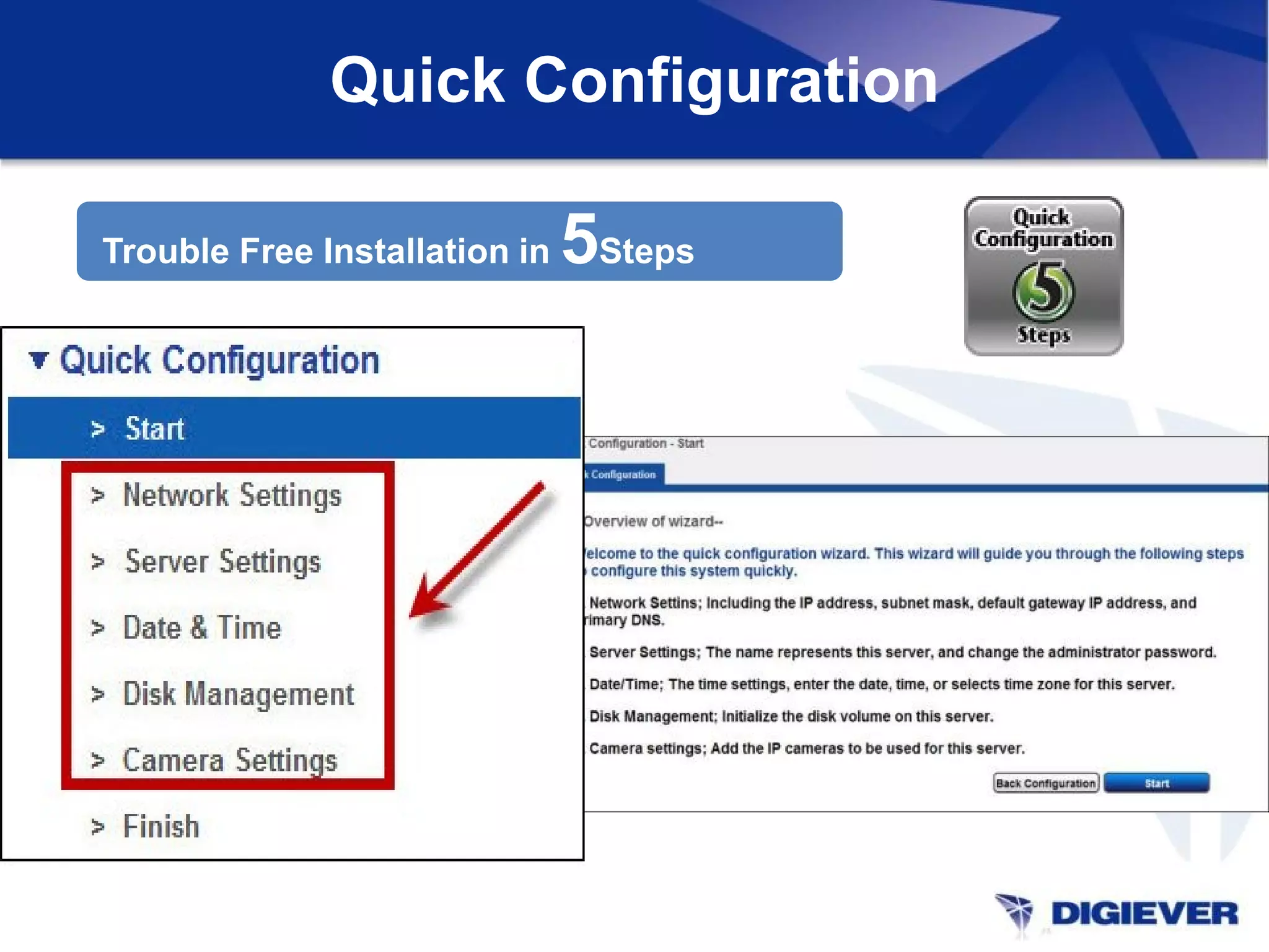 Trouble Free Installation in 5Steps
Quick Configuration
 