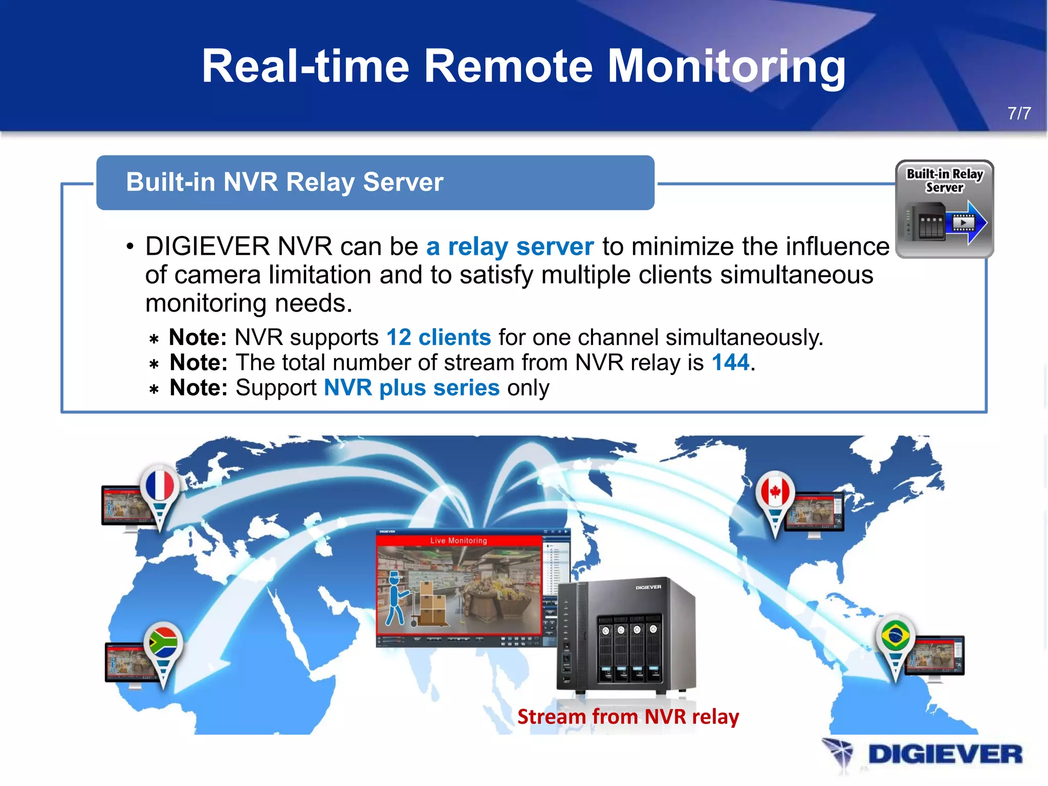 • DIGIEVER NVR can be a relay server to minimize the influence
of camera limitation and to satisfy multiple clients simultaneous
monitoring needs.
＊ Note: NVR supports 12 clients for one channel simultaneously.
＊ Note: The total number of stream from NVR relay is 144.
＊ Note: Support NVR plus series only
Built-in NVR Relay Server
Real-time Remote Monitoring
7/7
Stream from NVR relay
 