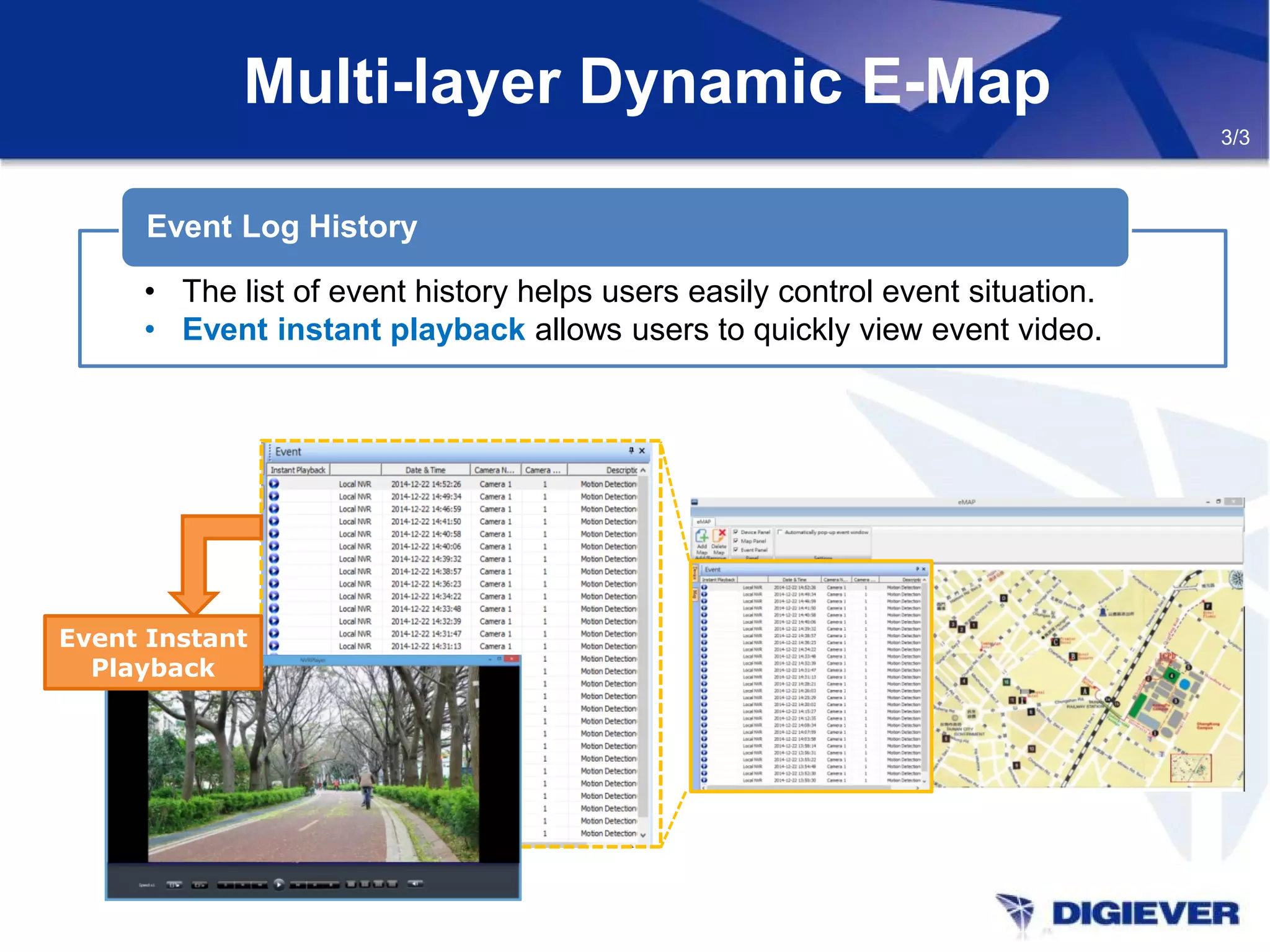 Multi-layer Dynamic E-Map
• The list of event history helps users easily control event situation.
• Event instant playback allows users to quickly view event video.
Event Log History
3/3
Event Instant
Playback
 