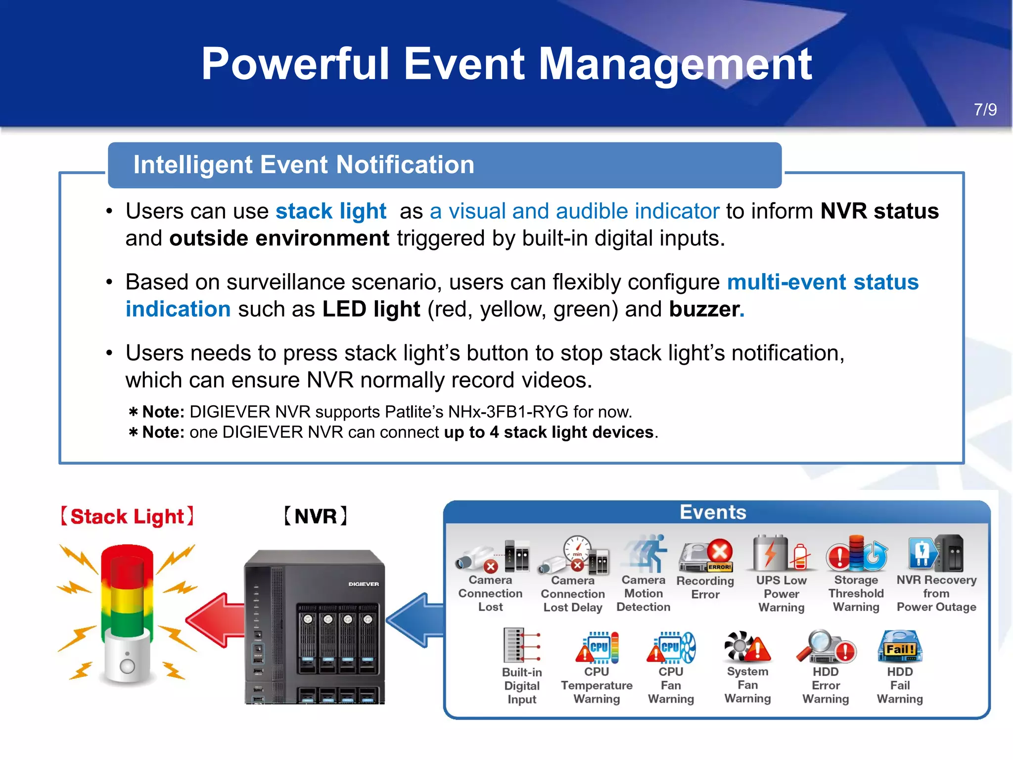 Powerful Event Management
• Users can use stack light as a visual and audible indicator to inform NVR status
and outside environment triggered by built-in digital inputs.
• Based on surveillance scenario, users can flexibly configure multi-event status
indication such as LED light (red, yellow, green) and buzzer.
• Users needs to press stack light’s button to stop stack light’s notification,
which can ensure NVR normally record videos.
＊Note: DIGIEVER NVR supports Patlite’s NHx-3FB1-RYG for now.
＊Note: one DIGIEVER NVR can connect up to 4 stack light devices.
Intelligent Event Notification
7/9
 