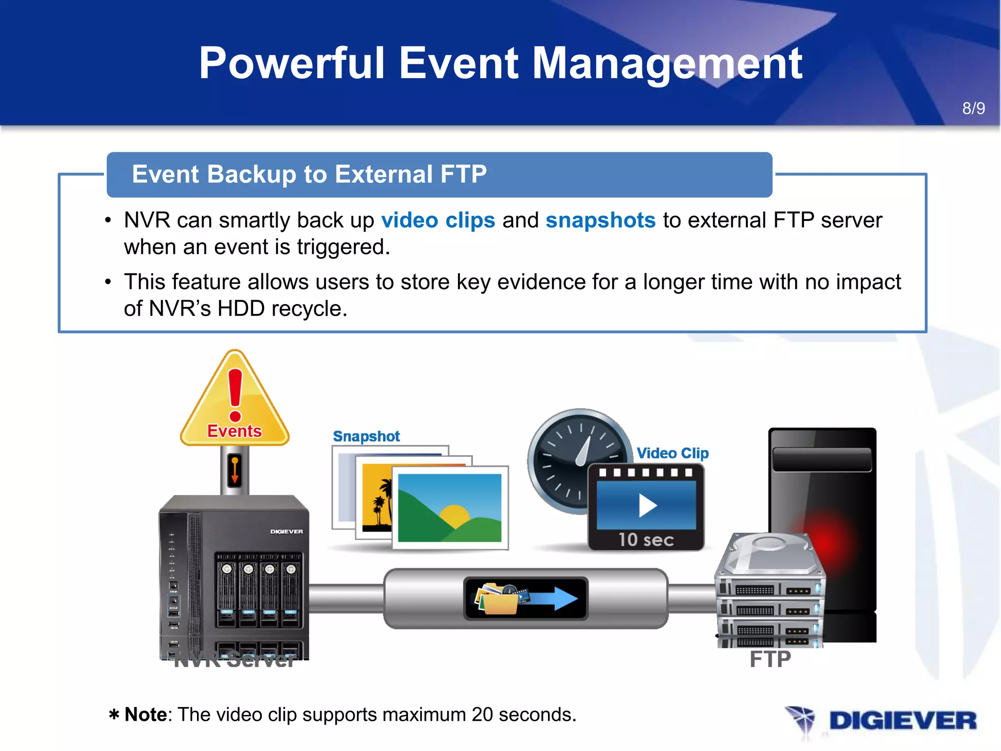 Powerful Event Management
• NVR can smartly back up video clips and snapshots to external FTP server
when an event is triggered.
• This feature allows users to store key evidence for a longer time with no impact
of NVR’s HDD recycle.
Event Backup to External FTP
8/9
＊Note: The video clip supports maximum 20 seconds.
 