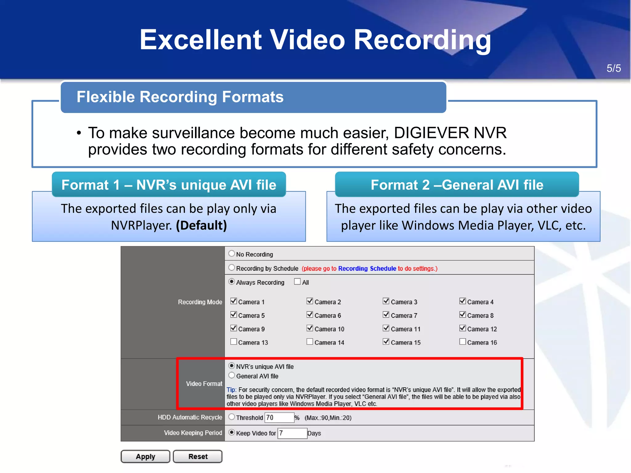 • To make surveillance become much easier, DIGIEVER NVR
provides two recording formats for different safety concerns.
Flexible Recording Formats
Excellent Video Recording
5/5
The exported files can be play only via
NVRPlayer. (Default)
The exported files can be play only via
NVRPlayer. (Default)
Format 1 – NVR’s unique AVI fileFormat 1 – NVR’s unique AVI file
The exported files can be play via other video
player like Windows Media Player, VLC, etc.
The exported files can be play via other video
player like Windows Media Player, VLC, etc.
Format 2 –General AVI fileFormat 2 –General AVI file
 