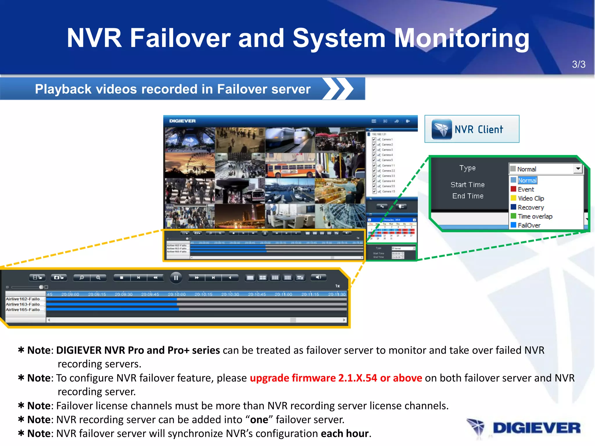 NVR Failover and System Monitoring
3/3
＊Note: DIGIEVER NVR Pro and Pro+ series can be treated as failover server to monitor and take over failed NVR
recording servers.
＊Note: To configure NVR failover feature, please upgrade firmware 2.1.X.54 or above on both failover server and NVR
recording server.
＊Note: Failover license channels must be more than NVR recording server license channels.
＊Note: NVR recording server can be added into “one” failover server.
＊Note: NVR failover server will synchronize NVR’s configuration each hour.
Playback videos recorded in Failover serverPlayback videos recorded in Failover server
NVR Client
 