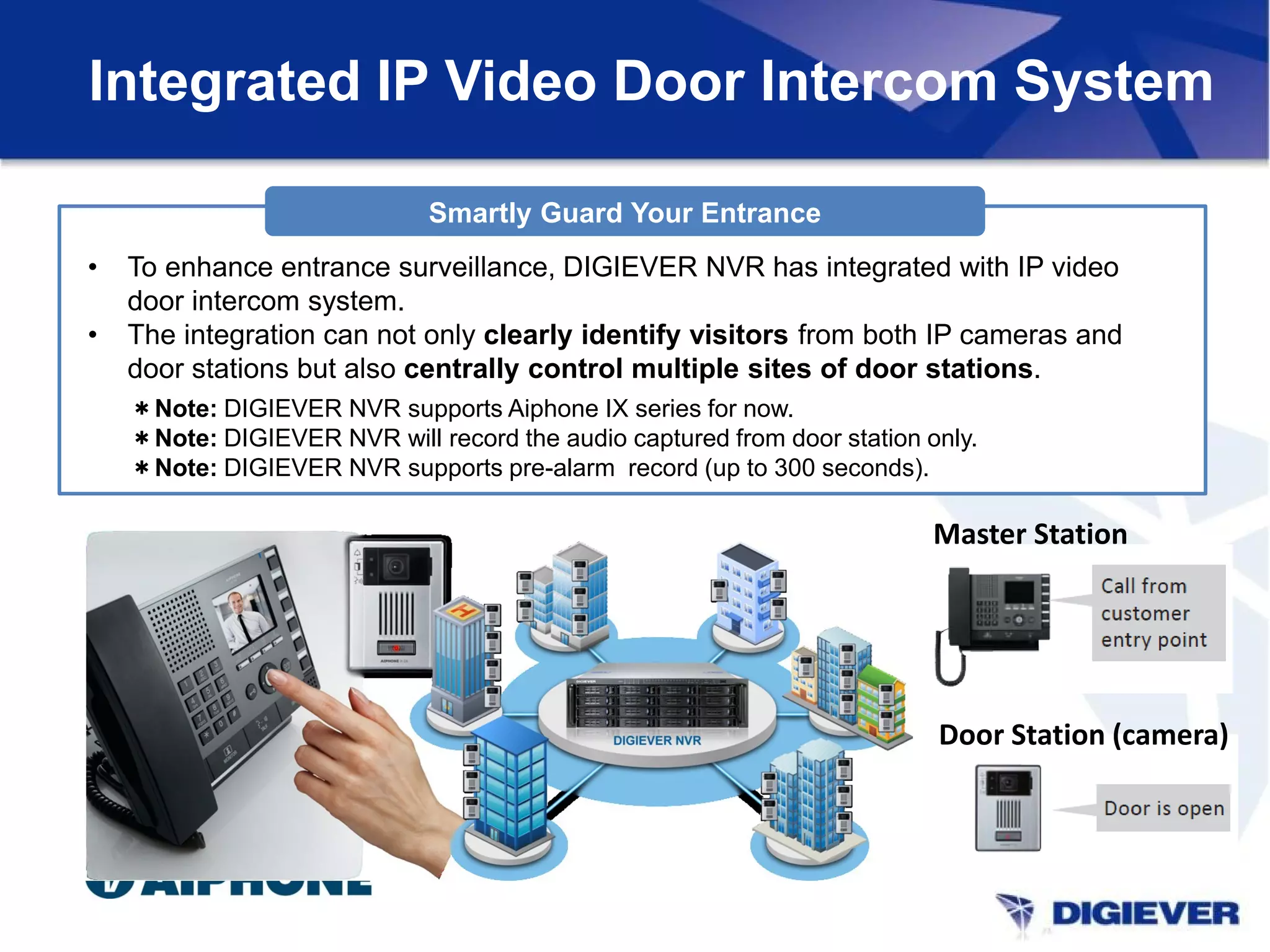 Integrated IP Video Door Intercom System
Smartly Guard Your Entrance
• To enhance entrance surveillance, DIGIEVER NVR has integrated with IP video
door intercom system.
• The integration can not only clearly identify visitors from both IP cameras and
door stations but also centrally control multiple sites of door stations.
Master Station
Door Station (camera)
＊Note: DIGIEVER NVR supports Aiphone IX series for now.
＊Note: DIGIEVER NVR will record the audio captured from door station only.
＊Note: DIGIEVER NVR supports pre-alarm record (up to 300 seconds).
 