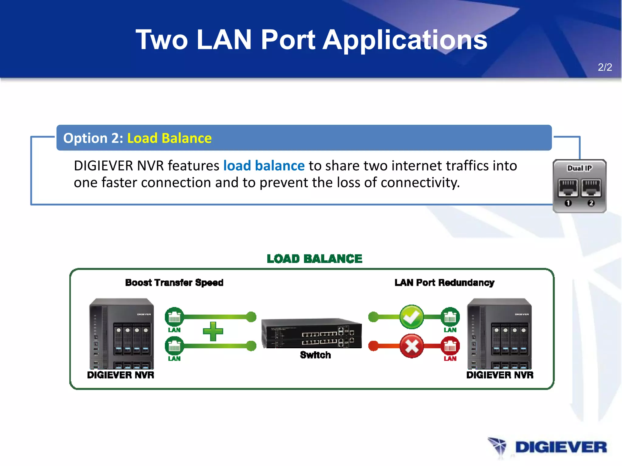 Two LAN Port Applications
DIGIEVER NVR features load balance to share two internet traffics into
one faster connection and to prevent the loss of connectivity.
Option 2: Load Balance
2/2
 