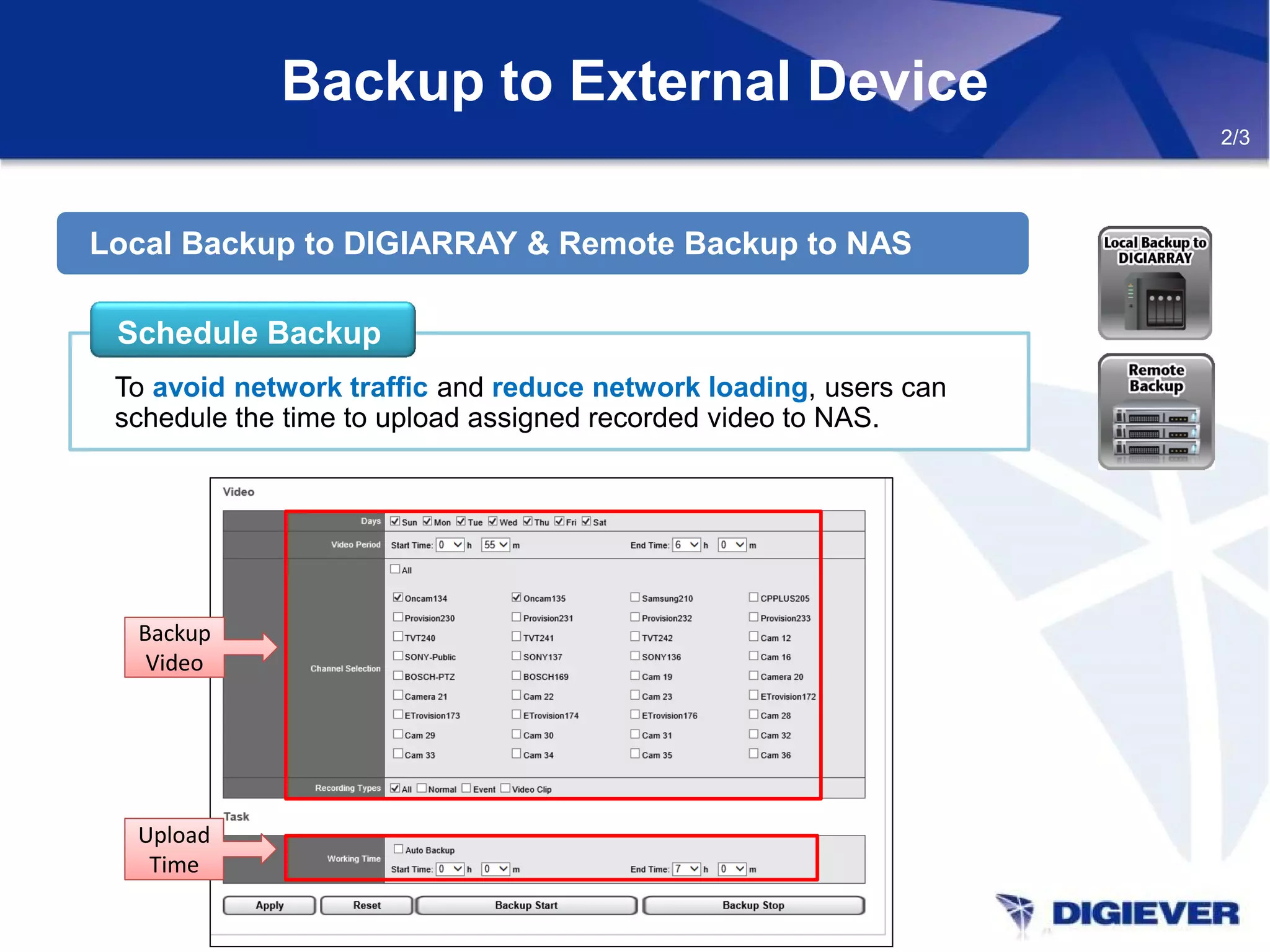 Backup to External Device
2/3
Local Backup to DIGIARRAY & Remote Backup to NAS
Backup
Video
Backup
Video
Upload
Time
Upload
Time
To avoid network traffic and reduce network loading, users can
schedule the time to upload assigned recorded video to NAS.
Schedule Backup
 