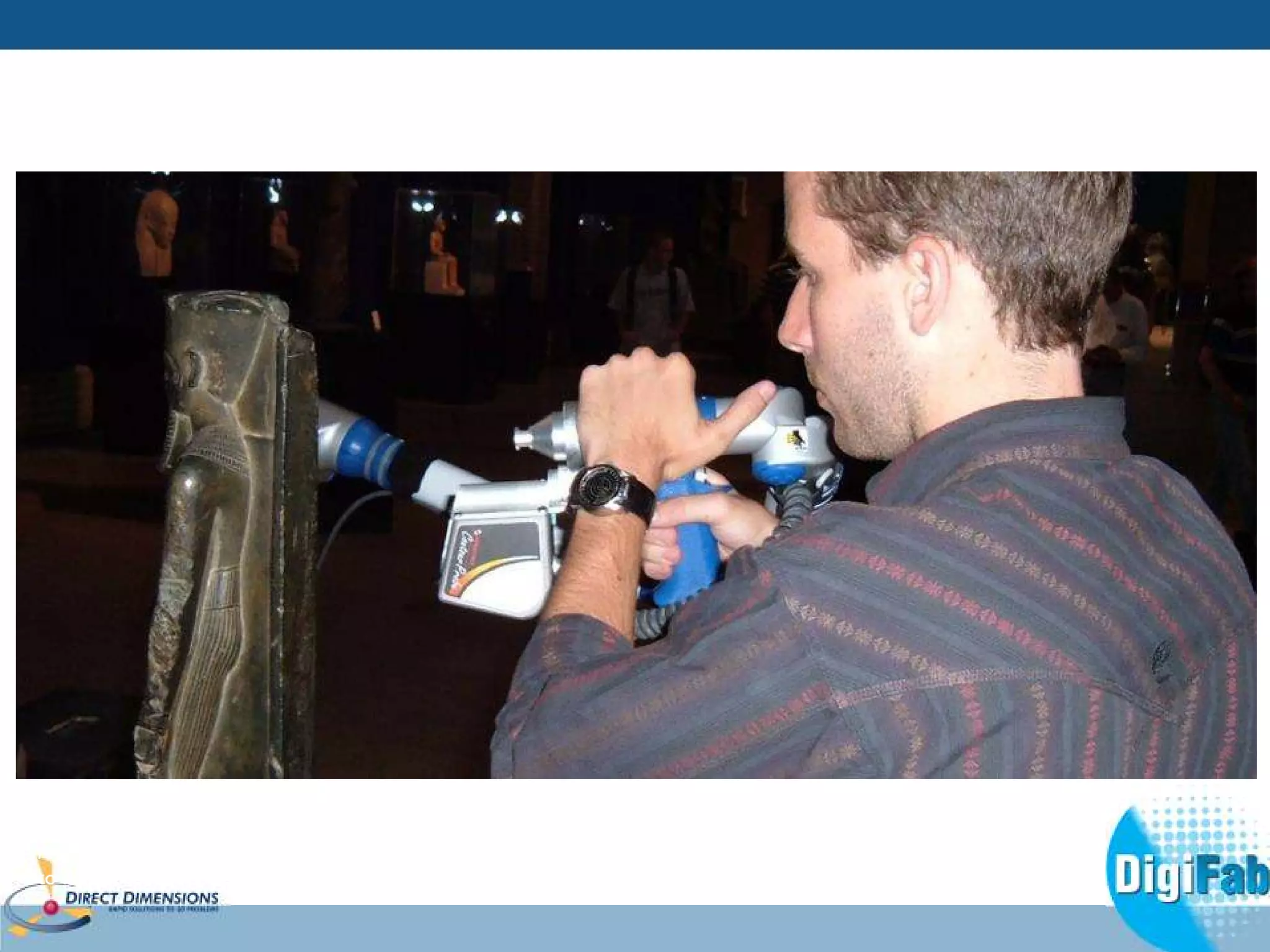 3D Scanning 
The DDI technicians scanned four different sculptures: the Amun, the Headless Princess, the Scribe, and a 
Kneeling King Tut. An articulating arm-based laser line scanner provided high accuracy and real-time feedback 
to assure complete capture before heading back to Baltimore to process the raw scan data. 
Ancient Sculptures 
 