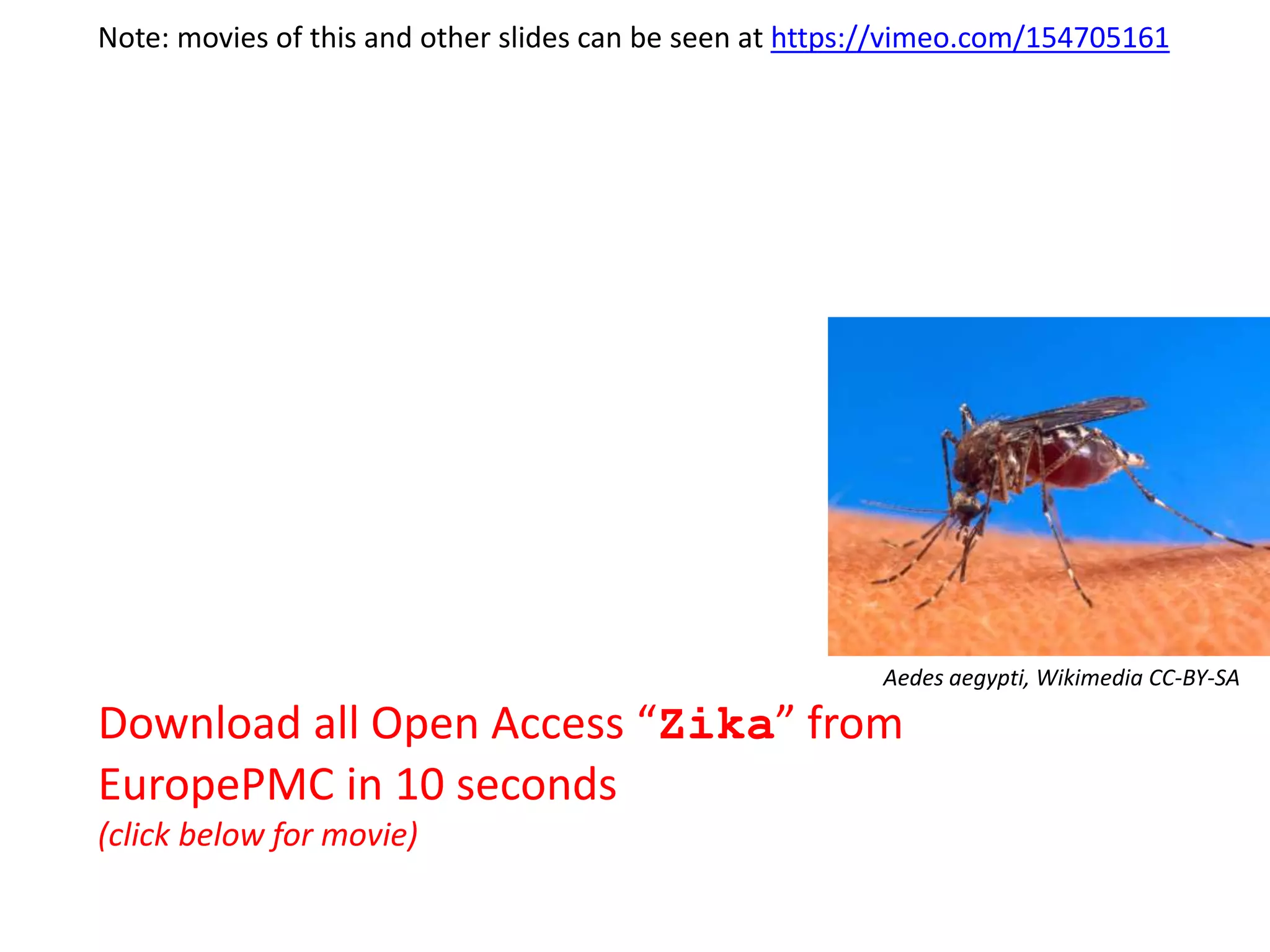 Download all Open Access “Zika” from
EuropePMC in 10 seconds
(click below for movie)
Aedes aegypti, Wikimedia CC-BY-SA
Note: movies of this and other slides can be seen at https://vimeo.com/154705161
 