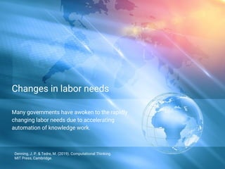 Changes in labor needs
Many governments have awoken to the rapidly
changing labor needs due to accelerating
automation of knowledge work.
Denning, J. P. & Tedre, M. (2019). Computational Thinking.
MIT Press, Cambridge.
 