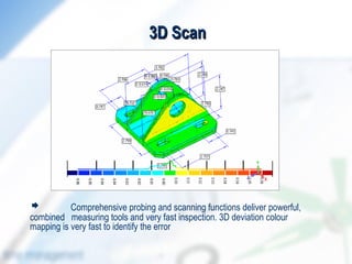 3D Scan




        Comprehensive probing and scanning functions deliver powerful,
combined measuring tools and very fast inspection. 3D deviation colour
mapping is very fast to identify the error
 
