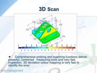 3D Scan




     Comprehensive probing and scanning functions deliver
powerful, combined measuring tools and very fast
inspection. 3D deviation colour mapping is very fast to
identify the error
 