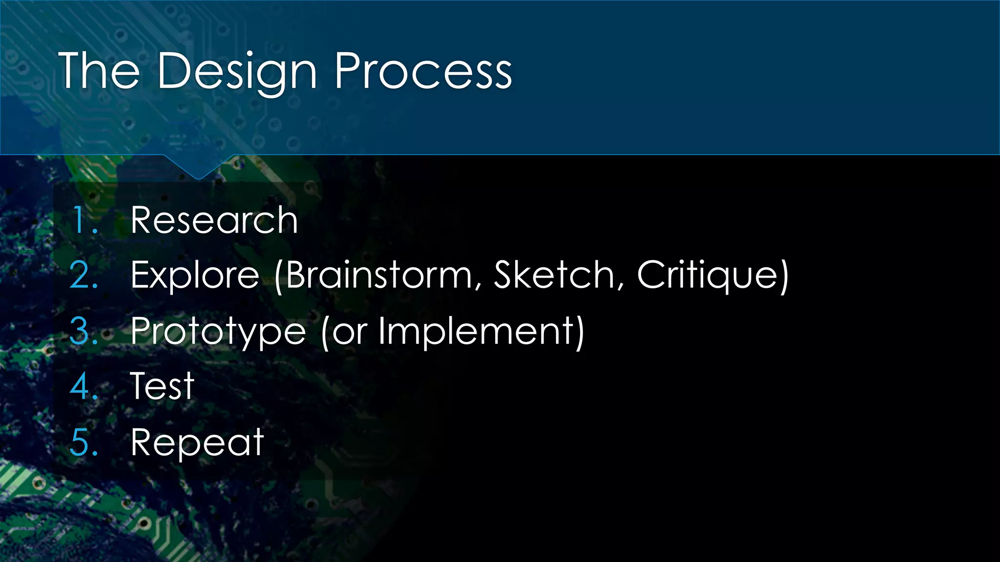 The Design Process
1.  Research
2.  Explore (Brainstorm, Sketch, Critique)
3.  Prototype (or Implement)
4.  Test
5.  Repeat
 