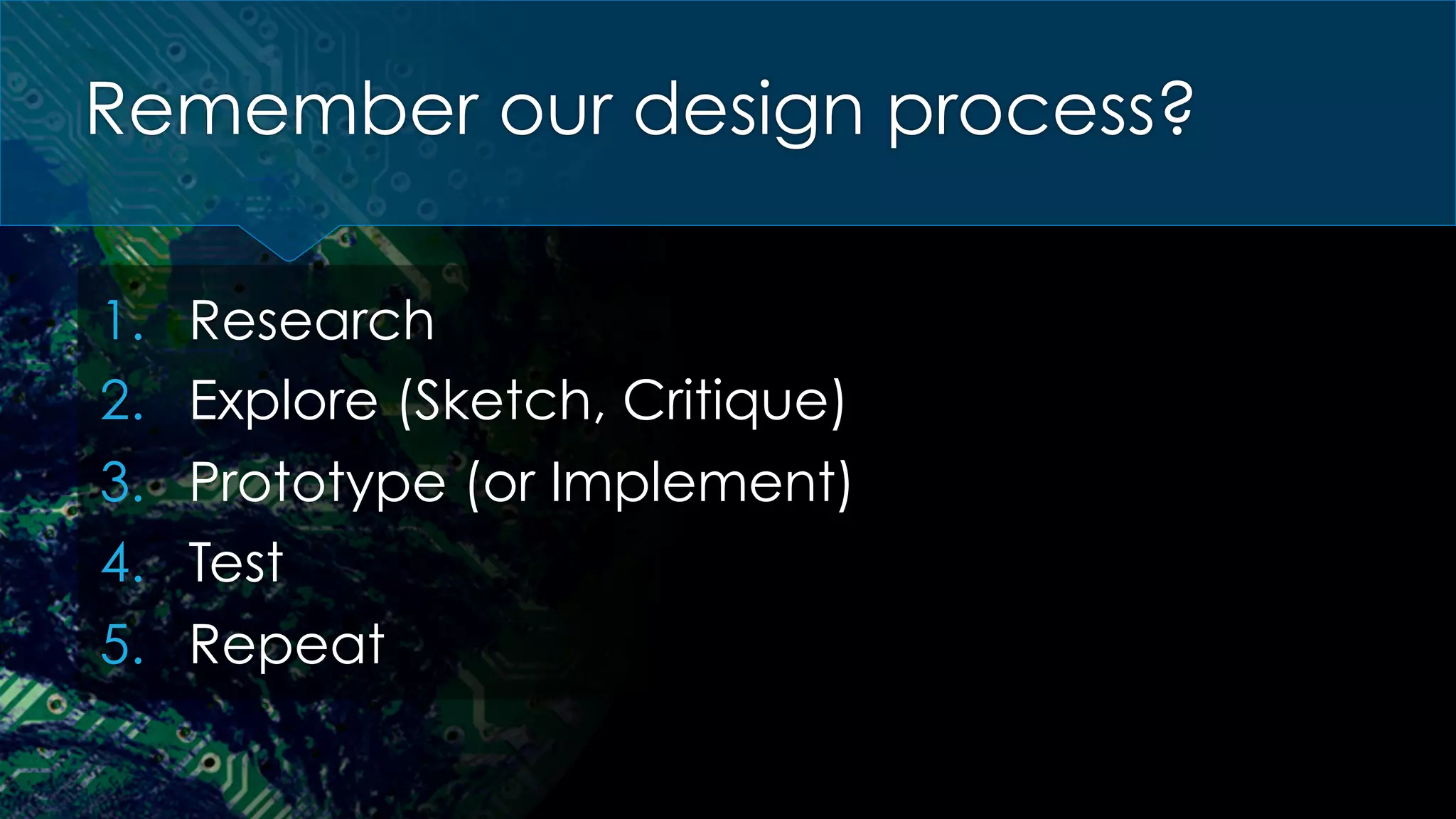 Remember our design process?
1.  Research
2.  Explore (Sketch, Critique)
3.  Prototype (or Implement)
4.  Test
5.  Repeat
 