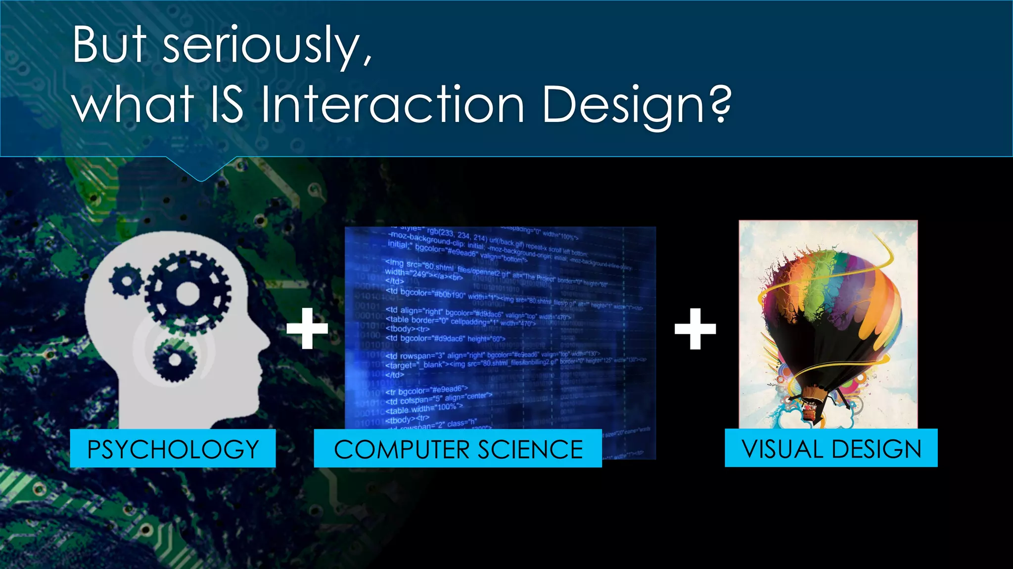 But seriously,
what IS Interaction Design?
PSYCHOLOGY VISUAL DESIGNCOMPUTER SCIENCE
+ +
 