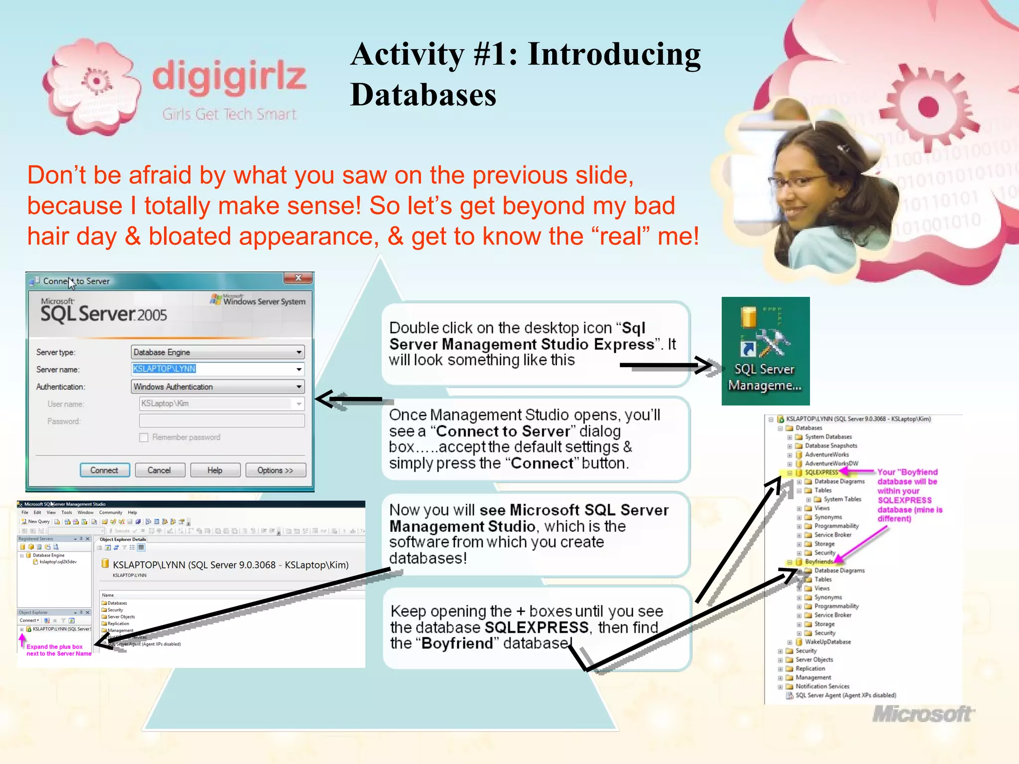 Don’t be afraid by what you saw on the previous slide, because I totally make sense! So let’s get beyond my bad hair day & bloated appearance, & get to know the “real” me! Activity #1: Introducing Databases 