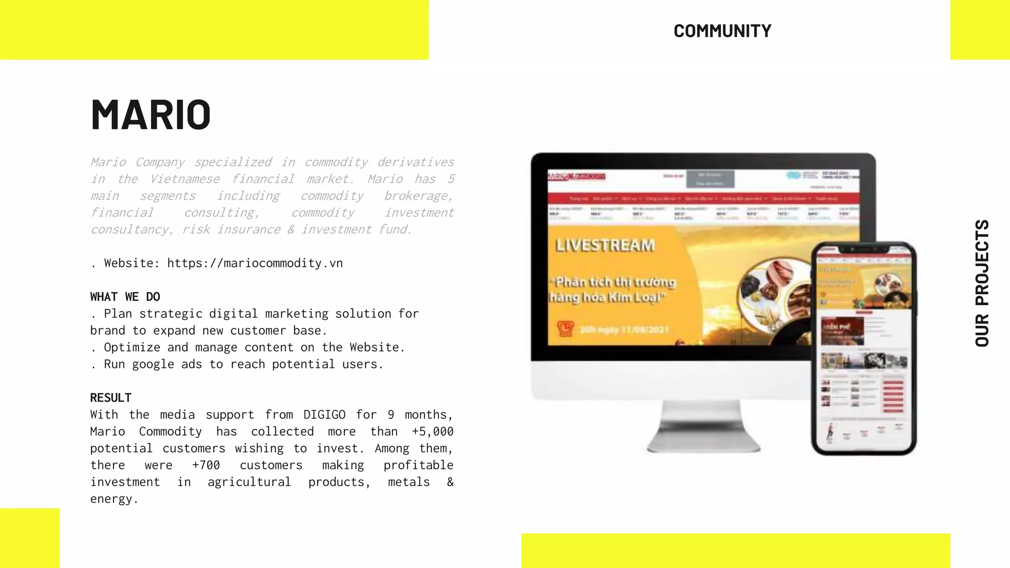 MARIO
Mario Company specialized in commodity derivatives
in the Vietnamese financial market. Mario has 5
main segments including commodity brokerage,
financial consulting, commodity investment
consultancy, risk insurance & investment fund.
. Website: https://mariocommodity.vn
WHAT WE DO
. Plan strategic digital marketing solution for
brand to expand new customer base.
. Optimize and manage content on the Website.
. Run google ads to reach potential users.
RESULT
With the media support from DIGIGO for 9 months,
Mario Commodity has collected more than +5,000
potential customers wishing to invest. Among them,
there were +700 customers making profitable
investment in agricultural products, metals &
energy.
COMMUNITY
OUR
PROJECTS
 
