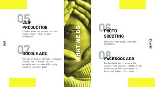 06
07 08
05
CLIP
PRODUCTION
GOOGLE ADS
Run ads on Google channels including
Search, GDN, Youtube, UAC to
optimize and increase efficiency
based on customer goals.
FACEBOOK ADS
Run Facebook ads to ensure the
account runs smoothly. Optimize ads
according to PDCA techniques to
bring the highest efficiency.
Prepare shooting scripts, action
plans, shoot video, do post-
production.
PHOTO
SHOOTING
Shoot and edit images and post-
production.
WHAT
WE
DO
OUR
SERVICE
 