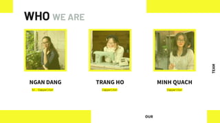 WHO WE ARE
NGAN DANG TRANG HO MINH QUACH
OUR
TEAM
Sr. Copywriter Copywriter Copywriter
 
