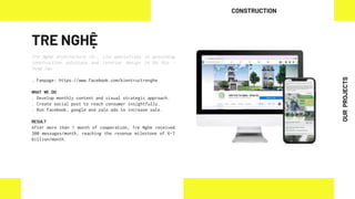 TRE NGHỆ
Tre Nghệ Architecture Co., Ltd specializes in providing
construction solutions and interior design in Ba Ria -
Vung Tau.
. Fanpage: https://www.facebook.com/kientructrenghe
WHAT WE DO
. Develop monthly content and visual strategic approach.
. Create social post to reach consumer insightfully.
. Run facebook, google and zalo ads to increase sale.
RESULT
After more than 1 month of cooperation, Tre Nghe received
200 messages/month, reaching the revenue milestone of 6-7
billion/month.
CONSTRUCTION
OUR
PROJECTS
 