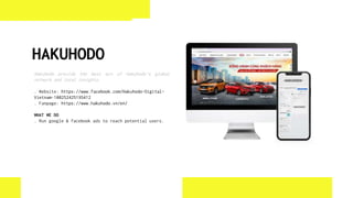 HAKUHODO
Hakuhodo provide the best mix of Hakuhodo’s global
network and local insights.
. Website: https://www.facebook.com/Hakuhodo-Digital-
Vietnam-100252425195412
. Fanpage: https://www.hakuhodo.vn/en/
WHAT WE DO
. Run google & facebook ads to reach potential users.
 