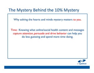 The	
  Mystery	
  Behind	
  the	
  10%	
  Mystery	
  
	

        Why solving the hearts and minds mystery matters to you.	

                                     	

                                     	

      Time: Knowing what online/social health content and messages 
        capture attention, persuade and drive behavior can help you 
               do less guessing and spend more time doing. 	

                                     	

                                     	

                                     	

                                     	

                                     	

 
