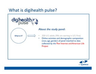 What	
  is	
  digihealth	
  pulse?	
  	
  
	

                                     	

                                     	

                                     	

                        About the study panel:
                                     	

                         	

         	

      What is It?       •  320 U.S. adults (We are starting in U.S. ﬁrst)	

                        •  Online	

activities and demographic composition
                                     	

                             (race, age, gender) of panel matched to data
                             collected by the Pew Internet and American Life
                                     	

                             Project	

                                     	

                                     	

 