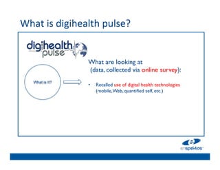 What	
  is	
  digihealth	
  pulse?	
  	
  
	

                                   	

                                   	

                                   	

                        What are looking at 
                                   	

                           (data, collected via online survey):
                        	

        	

      What is It?
                                   	

                        •  Recalled use of digital health technologies
                             (mobile, Web, quantiﬁed self, etc.) 	

                                   	

                                   	

                                   	

                                   	

 