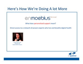 Here’s	
  How	
  We’re	
  Doing	
  A	
  lot	
  More	
  
                                                                   	

                                                                   	

                                                                   	

                                                                   	

                                   What	
  does	
  personalized	
  support	
  mean?	
  	
  
                                                              	
   	

  Direct	
  access	
  to	
  a	
  network	
  of	
  proven	
  experts	
  who	
  live	
  and	
  breathe	
  digital	
  health	
  
                                                                   	

                                                                   	

                                                                   	

                                                                   	

        Jennifer	
  Shine	
  Dyer	
  
                                                                   	

                                                                   	

           Physician	
  and	
  	
  
       Mobile	
  Health	
  Innovator	
  
 