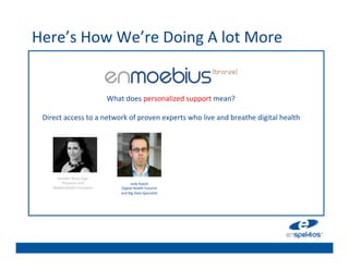 Here’s	
  How	
  We’re	
  Doing	
  A	
  lot	
  More	
  
                                                                   	

                                                                   	

                                                                   	

                                                                   	

                                   What	
  does	
  personalized	
  support	
  mean?	
  	
  
                                                              	
   	

  Direct	
  access	
  to	
  a	
  network	
  of	
  proven	
  experts	
  who	
  live	
  and	
  breathe	
  digital	
  health	
  
                                                                   	

                                                                   	

                                                                   	

                                                                   	

        Jennifer	
  Shine	
  Dyer	
  
                                                                   	

                                                                   	

           Physician	
  and	
  	
                  Jody	
  Ranck	
  
       Mobile	
  Health	
  Innovator	
     Digital	
  Health	
  Futurist	
  	
  
                                           and	
  Big	
  Data	
  Specialist	
  
 