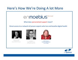 Here’s	
  How	
  We’re	
  Doing	
  A	
  lot	
  More	
  
                                                                   	

                                                                   	

                                                                   	

                                                                   	

                                   What	
  does	
  personalized	
  support	
  mean?	
  	
  
                                                              	
   	

  Direct	
  access	
  to	
  a	
  network	
  of	
  proven	
  experts	
  who	
  live	
  and	
  breathe	
  digital	
  health	
  
                                                                   	

                                                                   	

                                                                   	

                                                                   	

        Jennifer	
  Shine	
  Dyer	
  
                                                                   	

                                                                   	

           Physician	
  and	
  	
                  Jody	
  Ranck	
                   Kelley	
  Connors	
  	
  
       Mobile	
  Health	
  Innovator	
     Digital	
  Health	
  Futurist	
  	
     Women’s	
  Health	
  Expert	
  
                                           and	
  Big	
  Data	
  Specialist	
         and	
  Strategist	
  
 