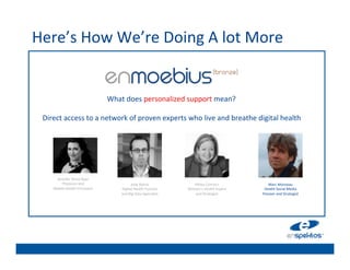 Here’s	
  How	
  We’re	
  Doing	
  A	
  lot	
  More	
  
                                                                   	

                                                                   	

                                                                   	

                                                                   	

                                   What	
  does	
  personalized	
  support	
  mean?	
  	
  
                                                              	
   	

  Direct	
  access	
  to	
  a	
  network	
  of	
  proven	
  experts	
  who	
  live	
  and	
  breathe	
  digital	
  health	
  
                                                                   	

                                                                   	

                                                                   	

                                                                   	

        Jennifer	
  Shine	
  Dyer	
  
                                                                   	

                                                                   	

           Physician	
  and	
  	
                  Jody	
  Ranck	
                   Kelley	
  Connors	
  	
            Marc	
  Monseau	
  
       Mobile	
  Health	
  Innovator	
     Digital	
  Health	
  Futurist	
  	
     Women’s	
  Health	
  Expert	
      Health	
  Social	
  Media	
  
                                           and	
  Big	
  Data	
  Specialist	
         and	
  Strategist	
            Pioneer	
  and	
  Strategist	
  
 